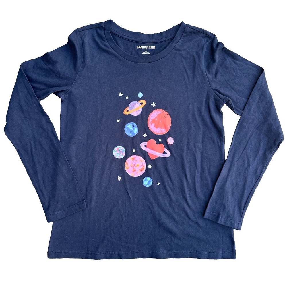 Lands End Long Sleeve Girls L 10-12 Navy Planet Shirt Graphic Design Outer Space